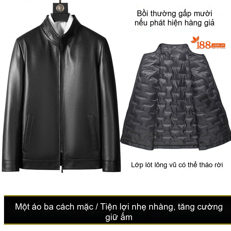 Áo Khoác Da Nam Da Cừu Trung Niên Cao Cấp Có Túi Khóa Kéo Màu Đen chi tiết 8