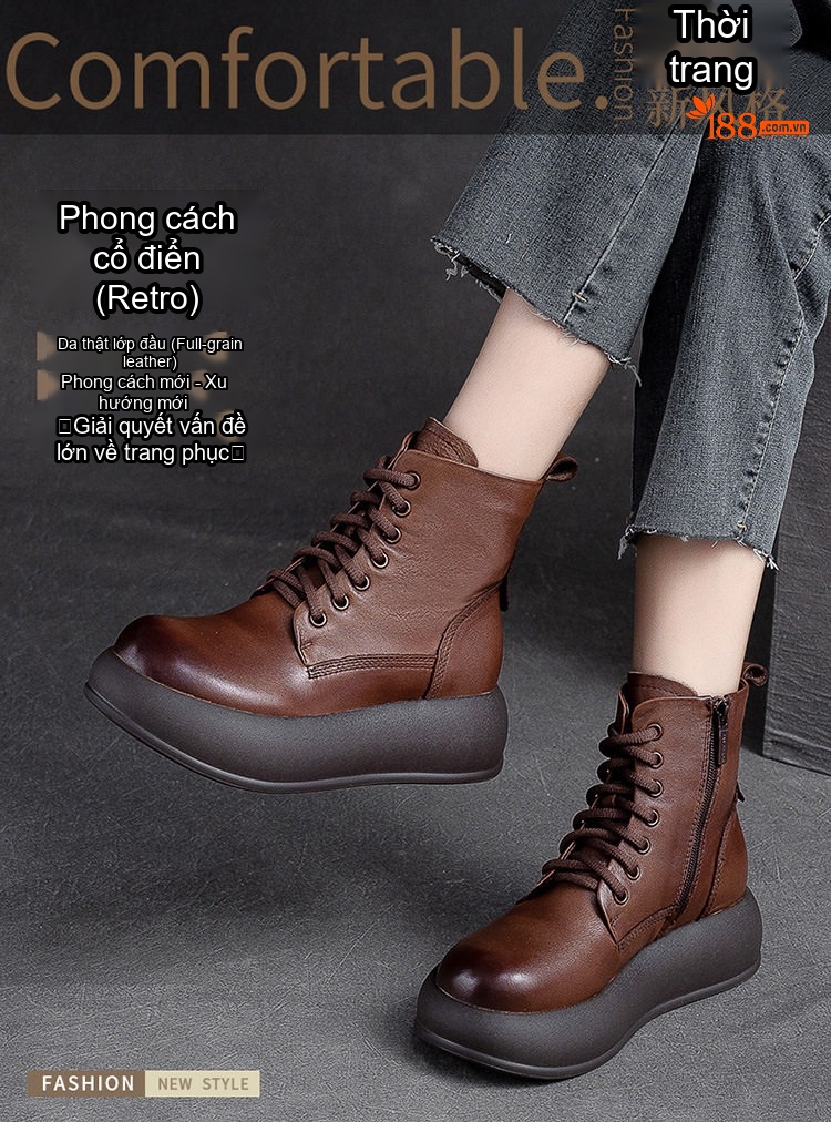 Boot Nữ Cổ Cao Da Bò Đế Dày Chiều Cao Đế Khoảng 5cm Phong Cách Retro Màu Đen, Nâu chi tiết 1