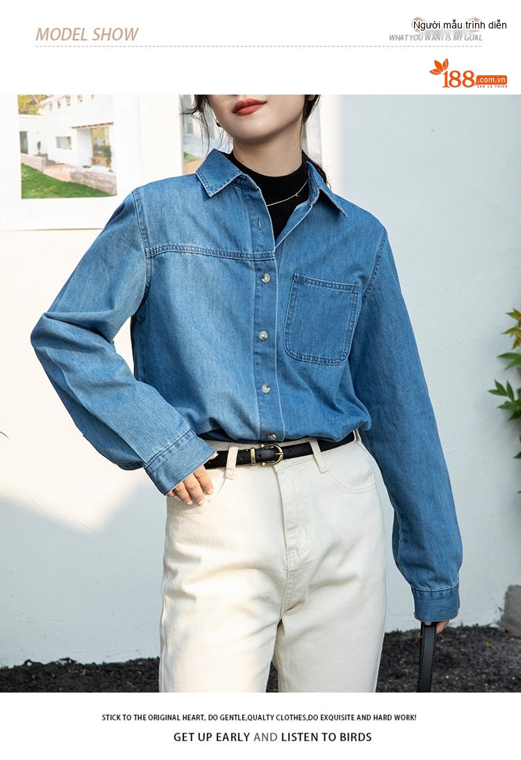 Áo Sơ Mi Nữ Tay Dài Cotton Thiết Kế Mới Phong Cách Pháp Màu Xanh Dương chi tiết 17