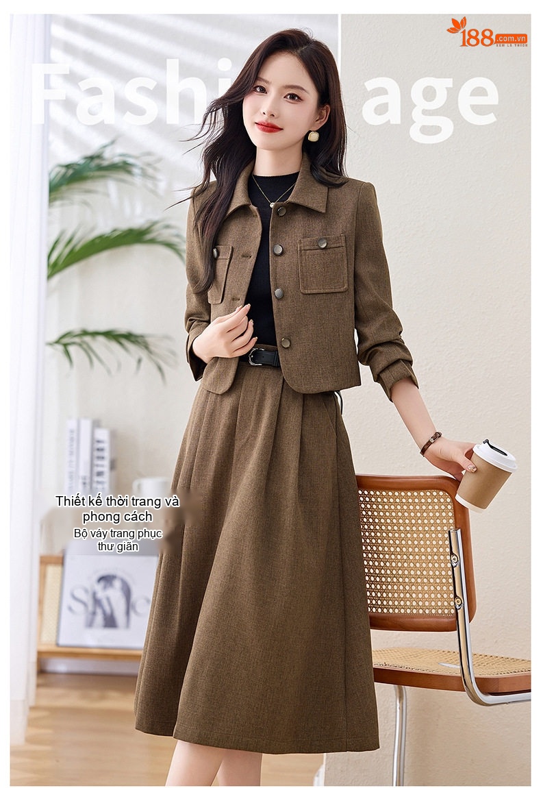 Set Áo Khoác Lửng và Chân Váy Midi Nữ Tính Thu Đông Kèm Thắt Lưng Màu Nâu chi tiết 1