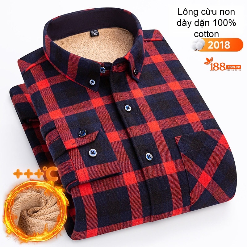 Áo Sơ Mi Nam Ca Rô Lông Cừu Non Cotton Dày Dặn Giữ Ấm Màu Đen, Đỏ, Xanh Dương, Xanh Lá...