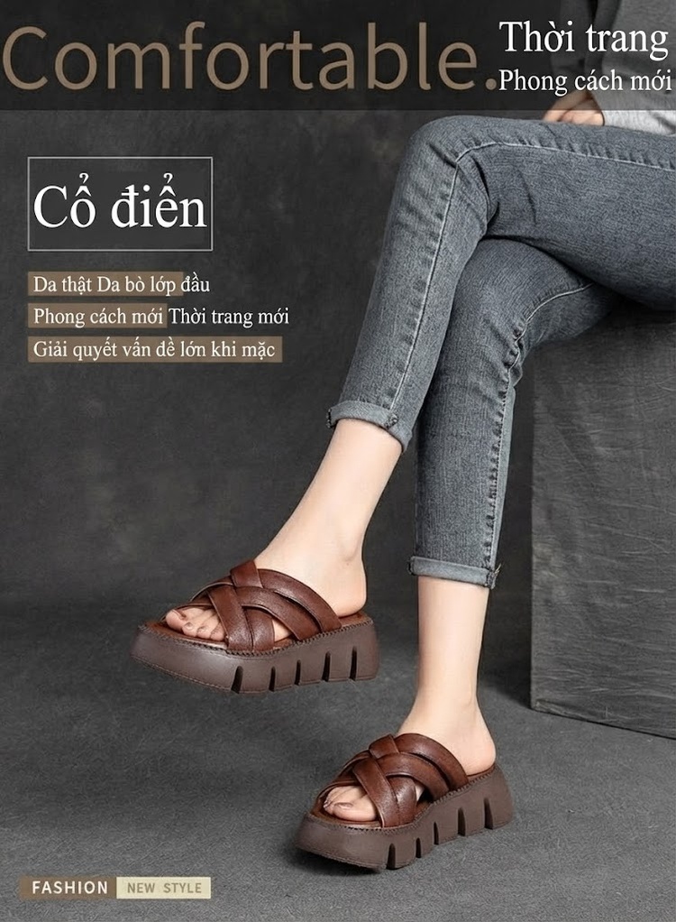 Dép Lười Nữ Da Bò Bện Dây Chiều Cao Đế Khoảng 5cm Màu Đen, Nâu, Trắng Kem chi tiết 1