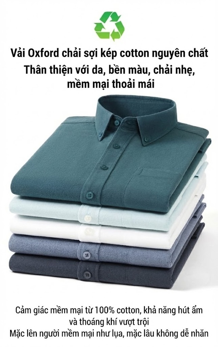 Áo Sơ Mi Tay Dài Nam Cotton Oxford Dáng Ôm Màu Trắng, Xanh Dương, Xám, Xanh Lá... chi tiết 12