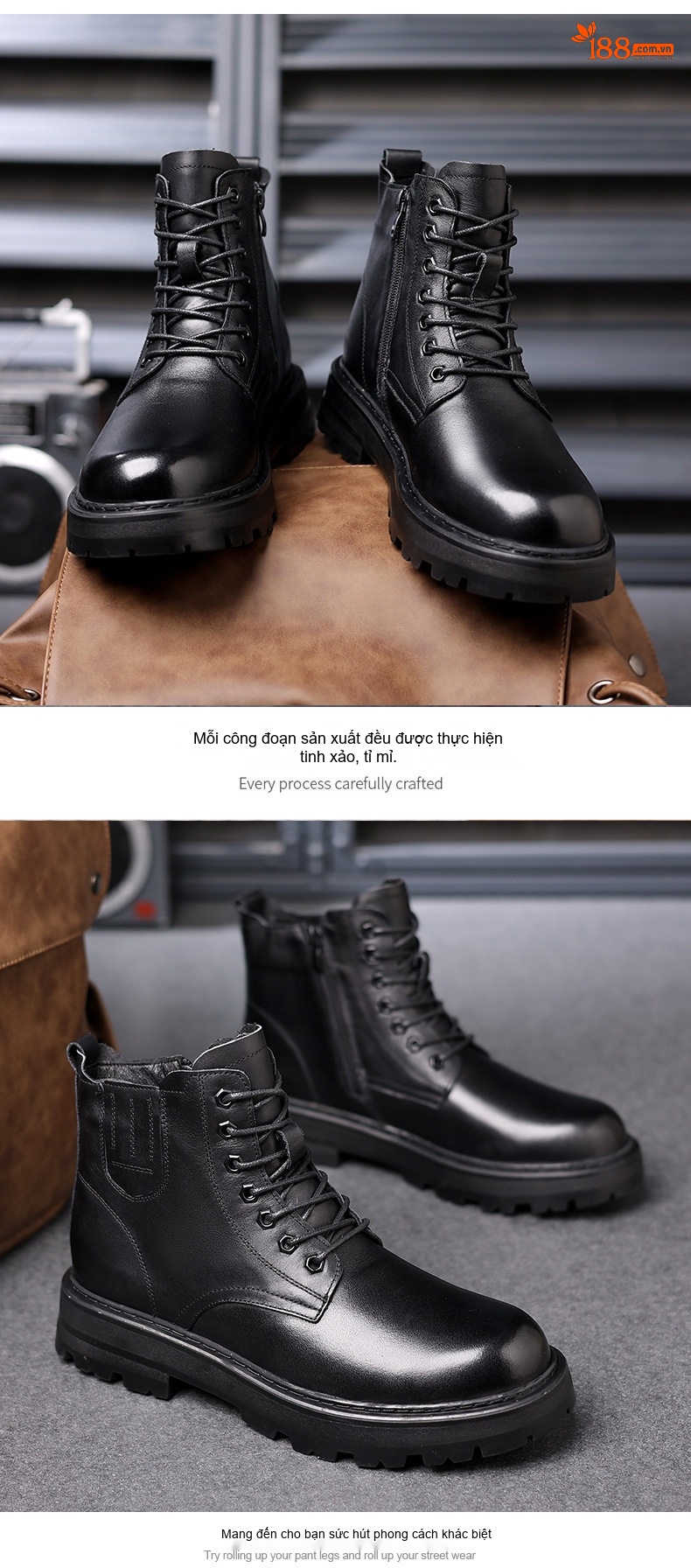 Giày Boot Martin Nam Da Thật Lót Lông Cừu Dày Dặn Chiều Cao Đế Khoảng 4cm Màu Đen chi tiết 16