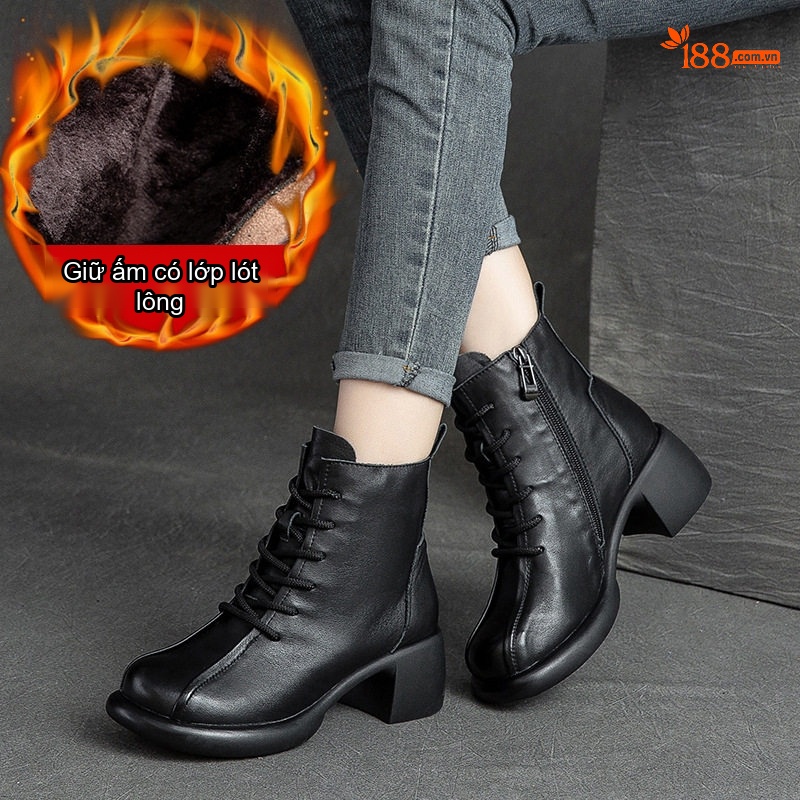 Boot Nữ Da Bò Lót Lông Giữ Ấm Mùa Đông Cổ Ngắn Chiều Cao Đế Khoảng 5cm Màu Nâu, Đen