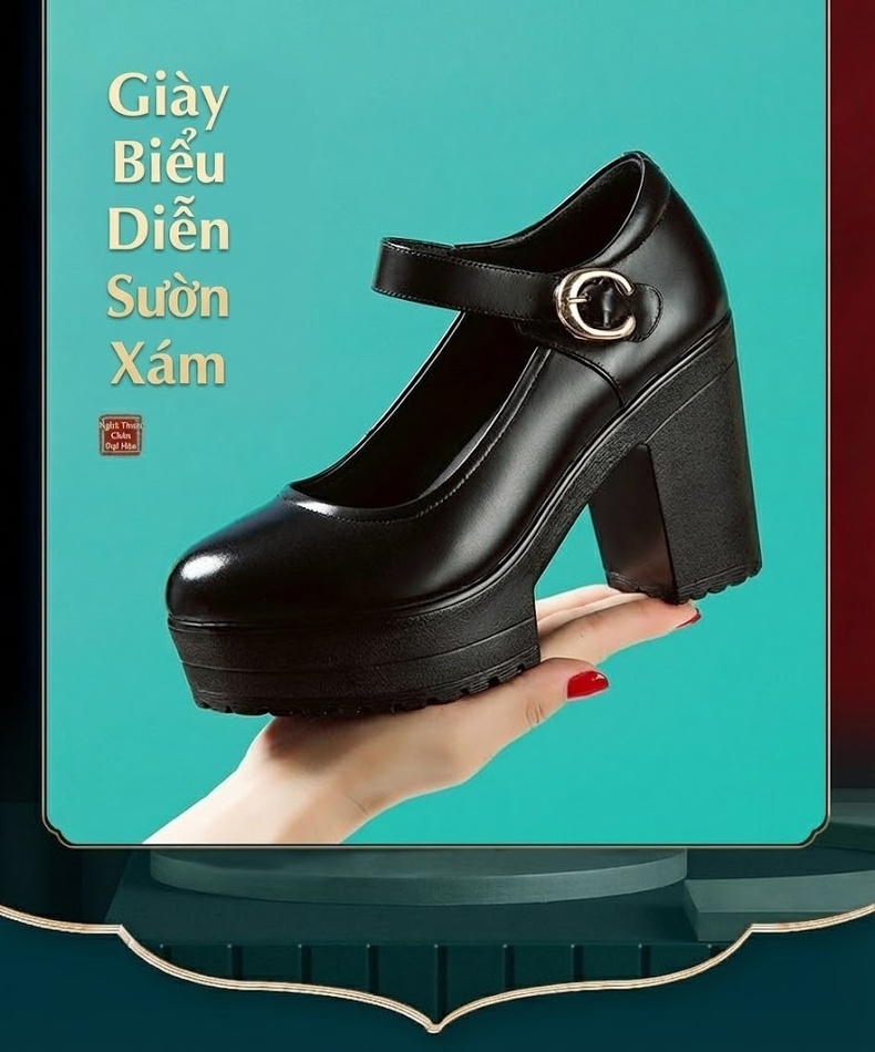 Giày Cao Gót Nữ Quai Ngang Da Bóng Chiều Cao Đế Khoảng 8cm Màu Đen, Trắng chi tiết 5