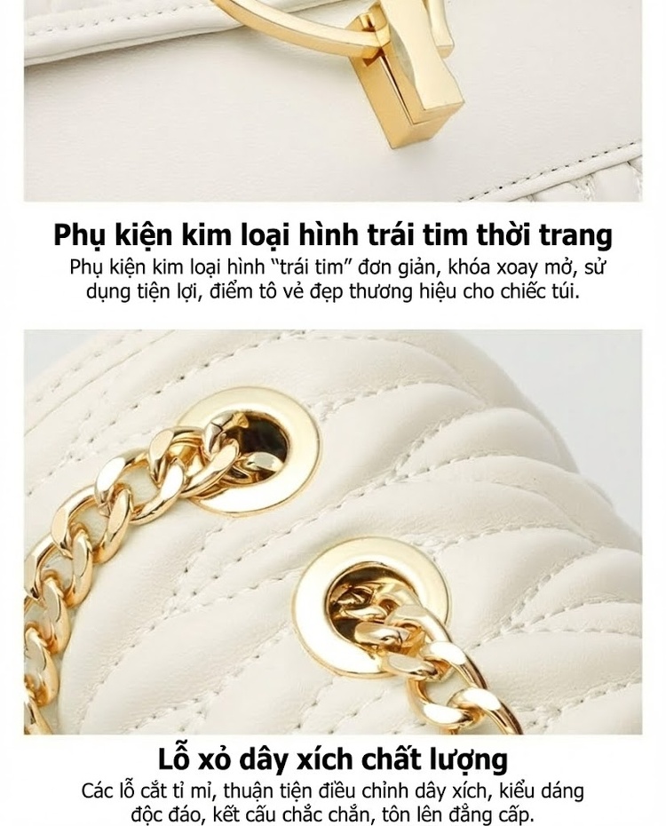 Túi Đeo Vai Nữ Da Trơn Dáng Vuông Quai Xích Khóa Hình Tim Màu Trắng, Đen chi tiết 12
