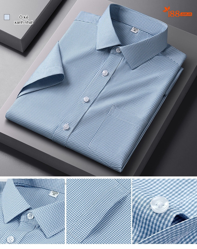 Áo Sơ Mi Nam Cotton Ngắn Tay Dáng Ôm Chống Nhăn Màu Trắng, Xanh Dương, Tím, Xám... chi tiết 22
