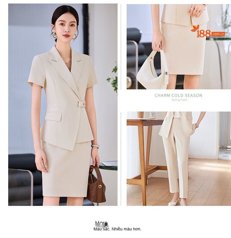 Bộ Vest Nữ Tay Ngắn Quần Dài Công Sở Thanh Lịch Màu Xám, Kem, Đen, Xanh Navy chi tiết 7