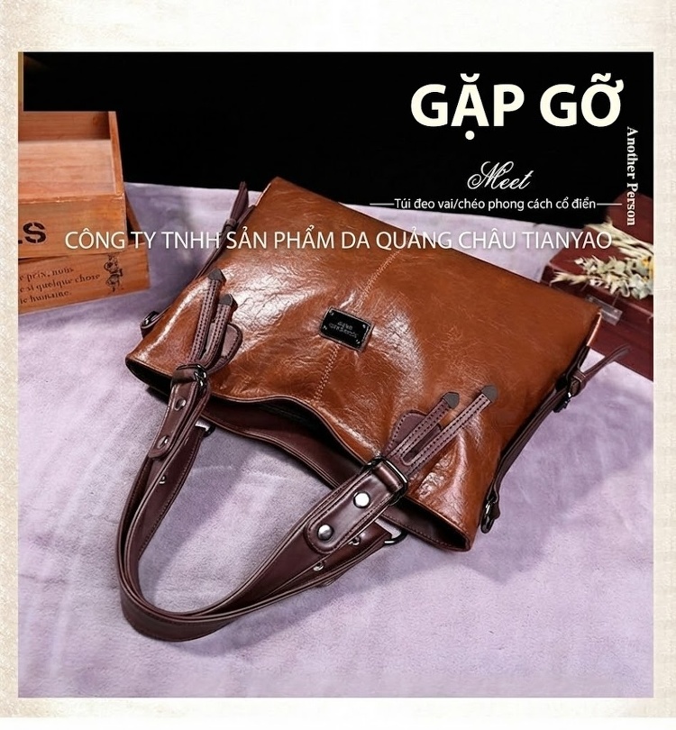 Túi Tote Nữ Da Bóng Retro Thời Trang Đeo Vai, Đeo Chéo, Dung Tích Lớn Màu Nâu, Xanh Dương chi tiết 2