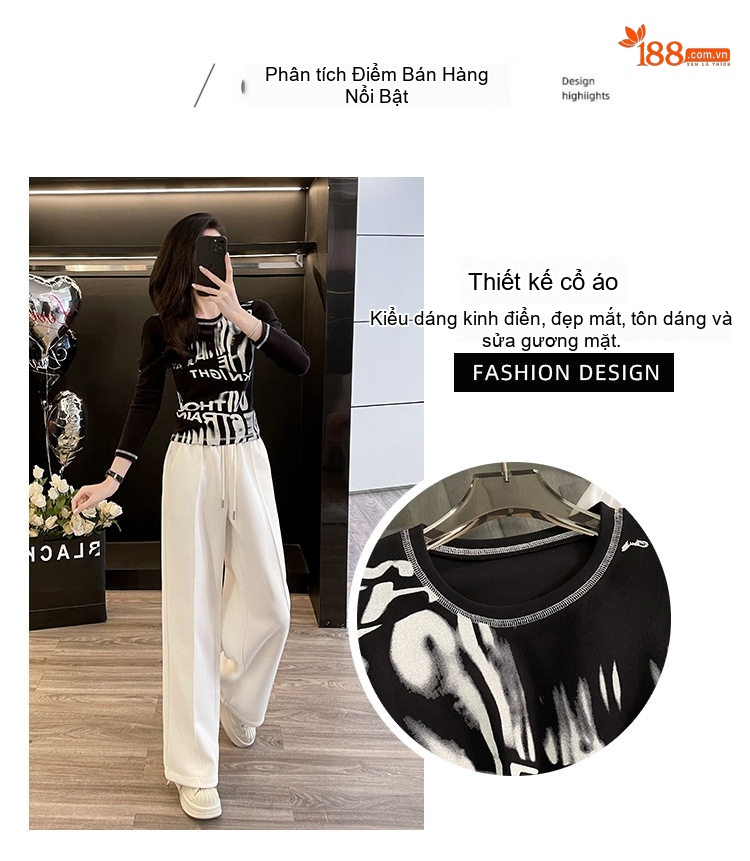 Set Bộ Nữ Áo Thun Tay Dài Quần Ống Rộng Cotton Phong Cách Casual Màu Đen, Trắng chi tiết 3