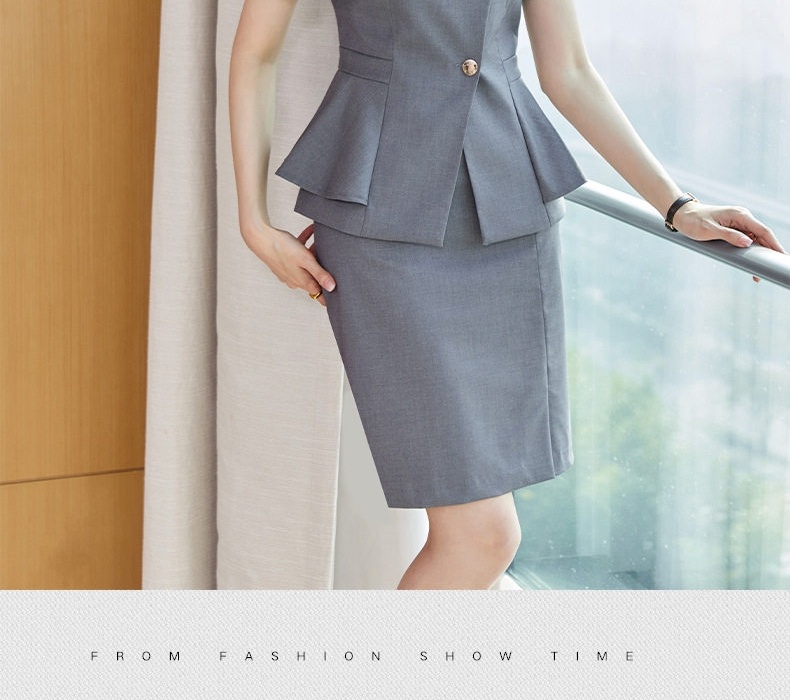 Bộ Vest Công Sở Nữ Tay Ngắn Thiết Kế Thanh Lịch Màu Xanh, Xám chi tiết 16