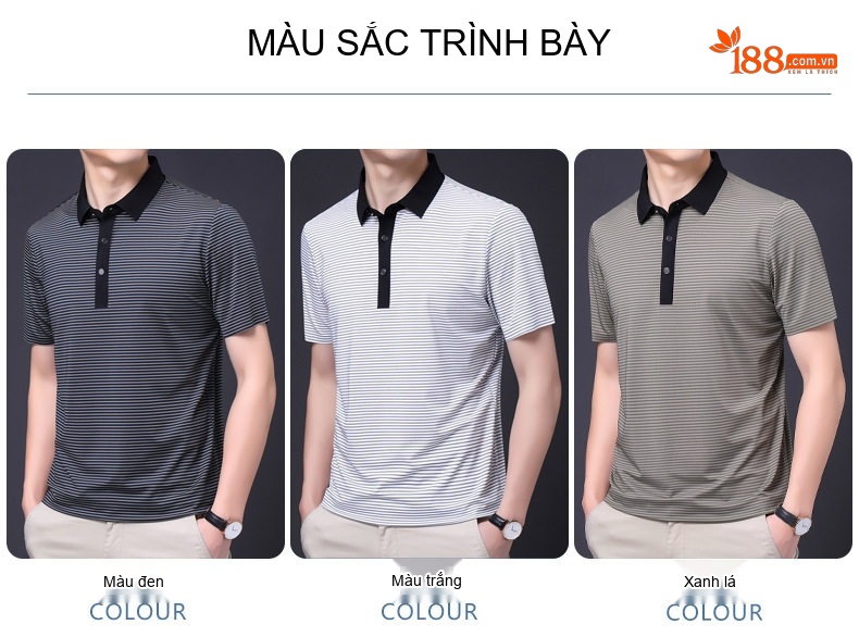 Áo Polo Nam Sọc Ngang Tay Ngắn Lụa Tằm Thượng Hạng Phong Cách Trung Niên Màu Xám, Trắng, Nâu chi tiết 7