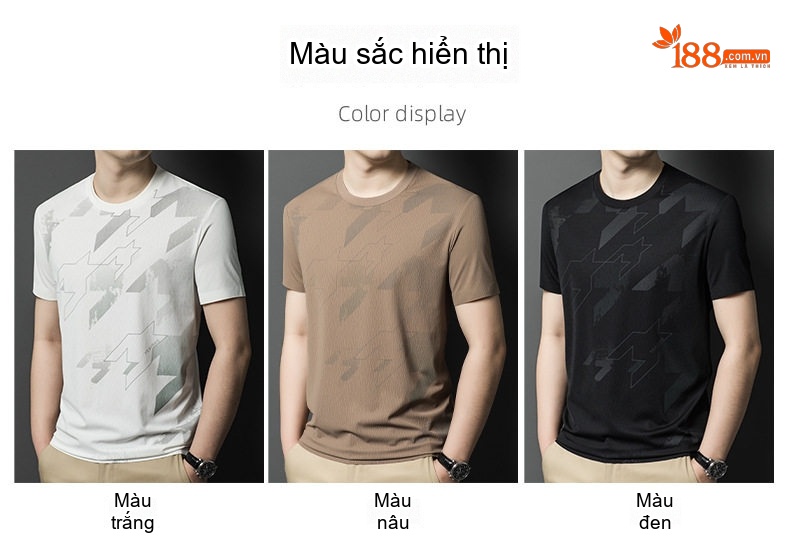 Áo Thun Tay Ngắn Nam Dáng Ôm Cổ Tròn Họa Tiết Thời Trang Màu Trắng, Nâu, Đen chi tiết 2
