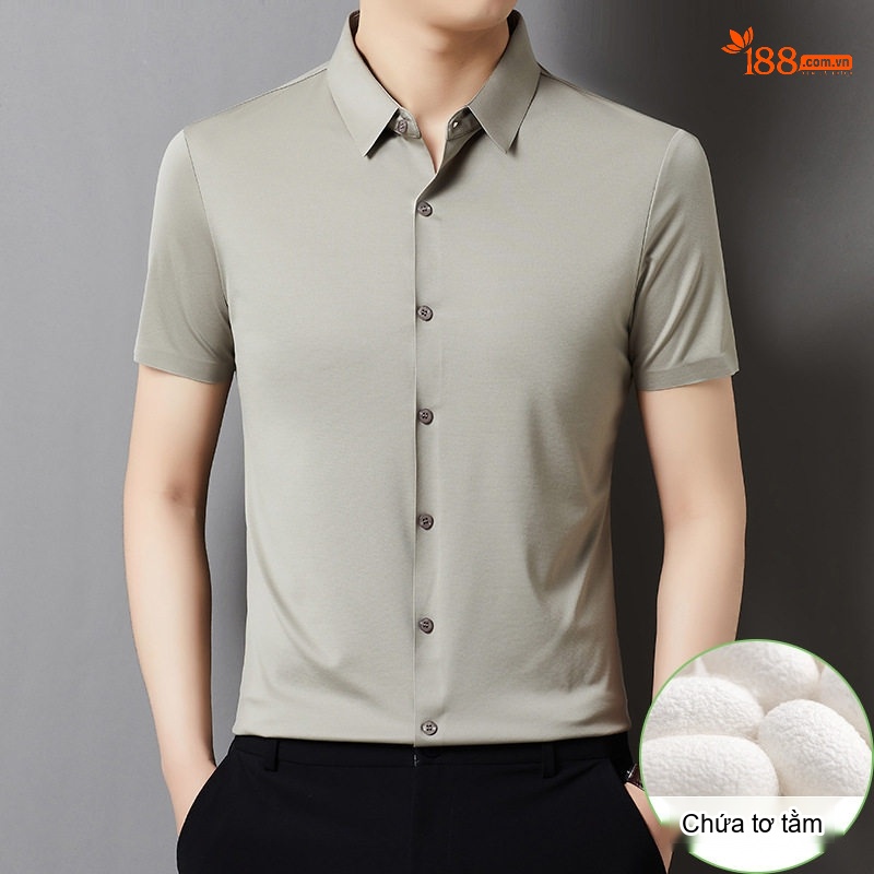 Áo Sơ Mi Nam Tay Ngắn Tơ Tằm Mùa Hè, Chống Nhăn, Dễ Phối Đồ Màu Hồng, Trắng, Xám, Đỏ...