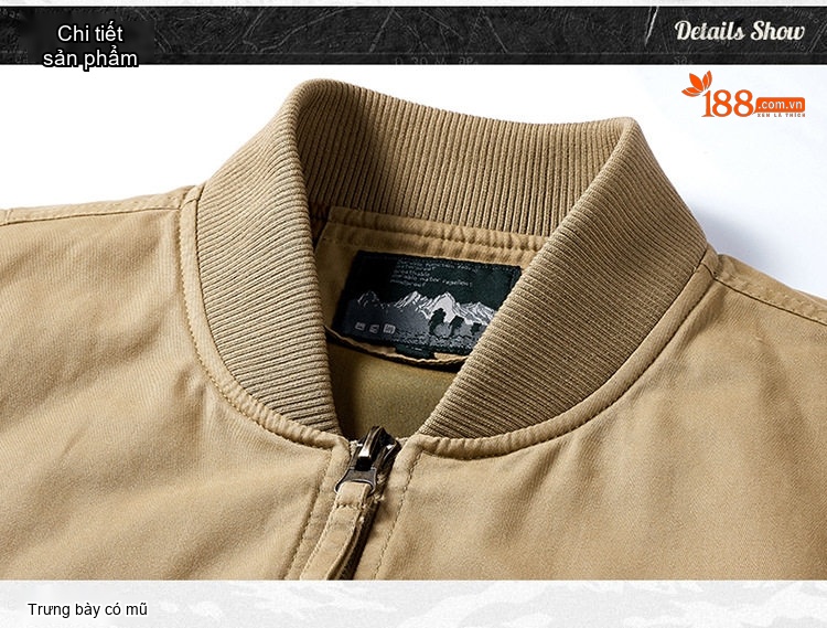 Áo Khoác Bomber Nam Vải Cotton Giặt Nước Cổ Bóng Chày Màu Xanh Olive, Đen, Xanh Navy, Be chi tiết 21
