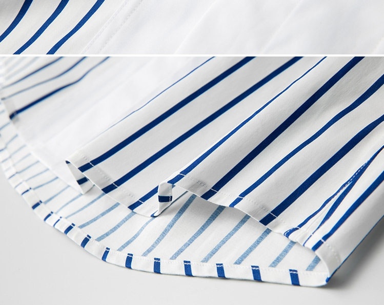 Áo Sơ Mi Nam Tay Ngắn Cổ Trụ Họa Tiết Sọc Tơ Tằm Cotton Màu Trắng Sọc Xanh chi tiết 8