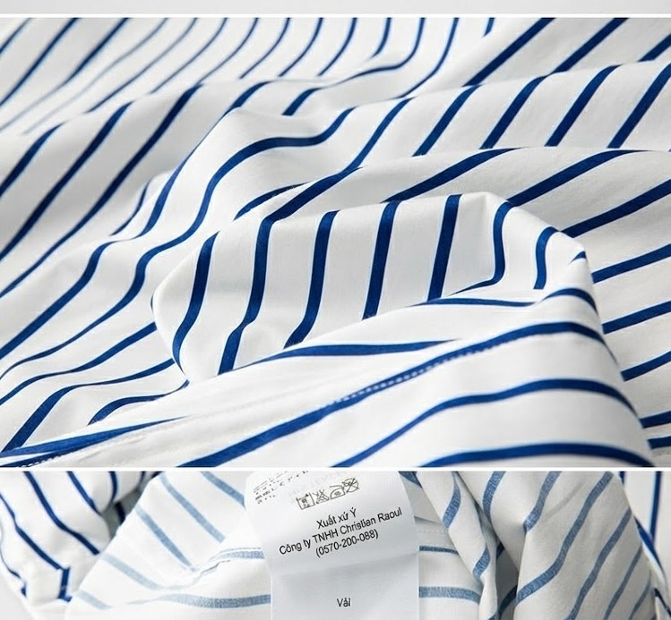 Áo Sơ Mi Nam Tay Ngắn Cổ Trụ Họa Tiết Sọc Tơ Tằm Cotton Màu Trắng Sọc Xanh chi tiết 9