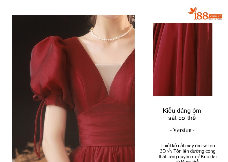 Váy Dự Tiệc Cưới Cô Dâu Tay Bồng Phong Cách Công Chúa Màu Đỏ Rượu chi tiết 5