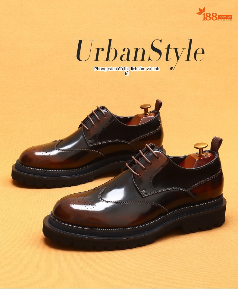 Giày Tây Buộc Dây Nam Da Bò Chiều Cao Đế Khoảng 4cm Kiểu dáng Brogue Màu Đen chi tiết 1