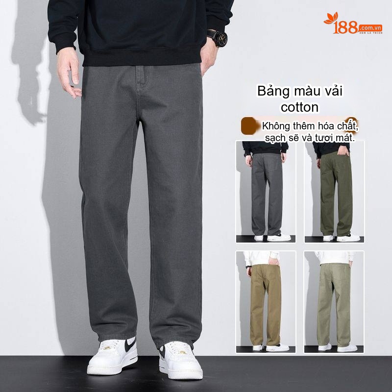 Quần Dài Nam Cotton Ống Rộng Thoải Mái Màu Xám, Nâu, Xanh Rêu