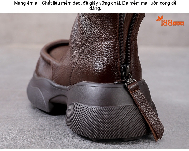 Boot Nữ Da Bò Cổ Ngắn Đế Bánh Mì Chiều Cao Đế Khoảng 5cm Khoá Kéo Sau Màu Đen, Nâu chi tiết 10