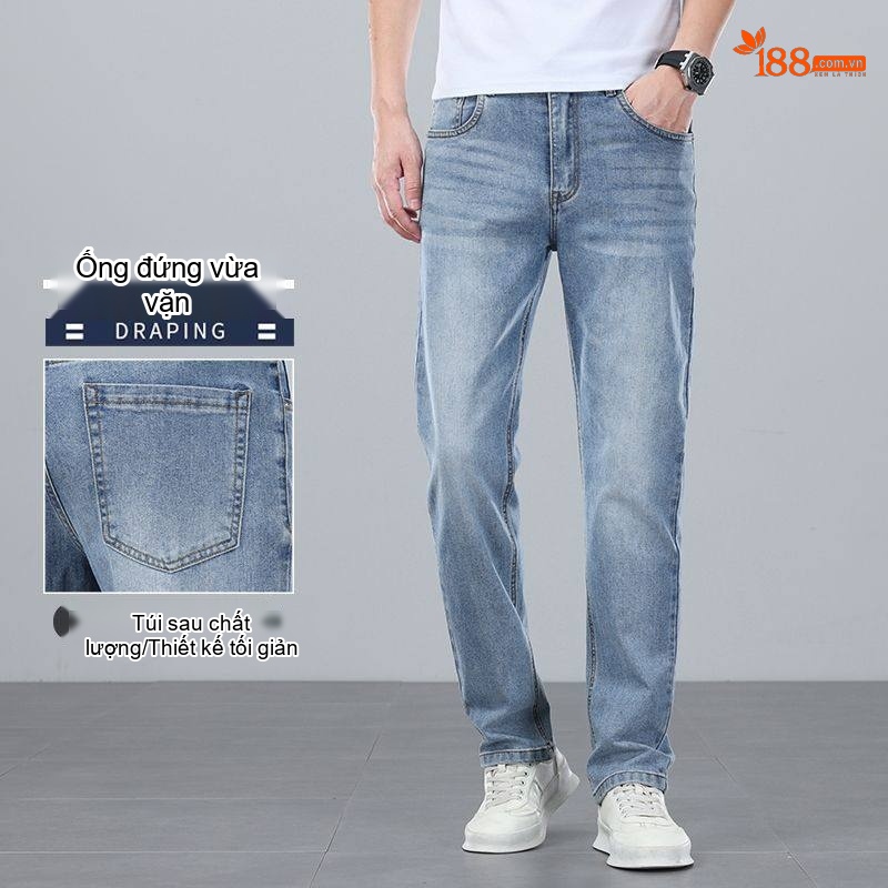 Quần Jean Nam Ống Suông Dáng Rộng Cotton Co Giãn Màu Xanh Nhạt, Xanh Đậm