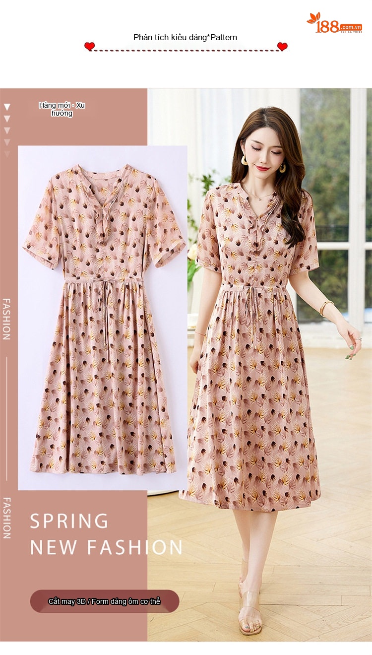 Váy Hoa Nhí Cổ chữ V Mùa Hè Thiết Kế Bèo Nhún Dây Rút Mềm Mại Thoải Mái Màu Hồng, Xanh chi tiết 7