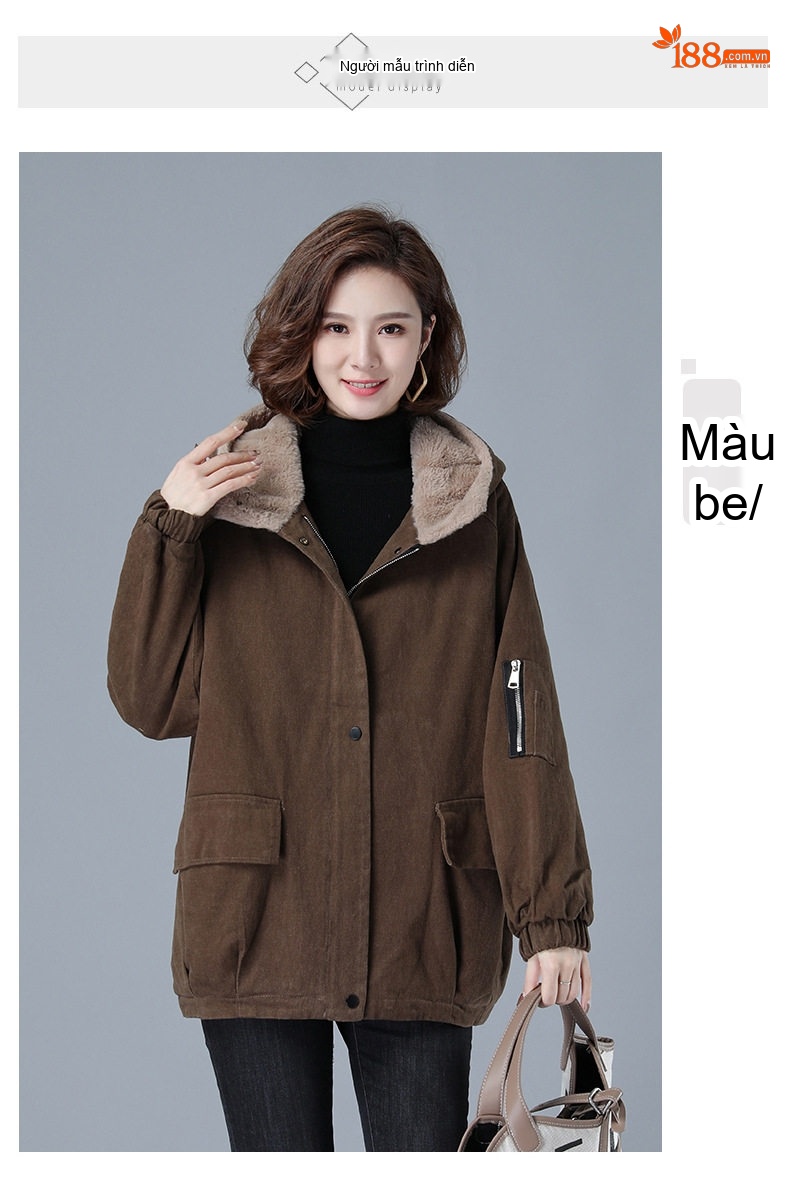 Áo Khoác Nữ Cotton Lót Lông Cừu Non Dày Dặn Có Mũ Trùm Đầu Màu Đỏ, Nâu, Đen chi tiết 6