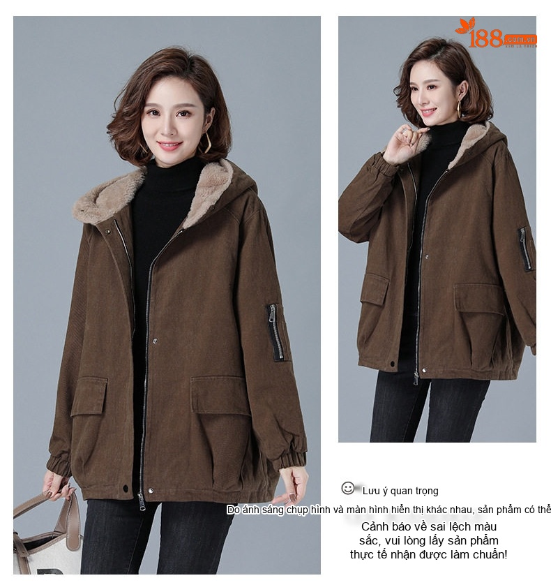 Áo Khoác Nữ Cotton Lót Lông Cừu Non Dày Dặn Có Mũ Trùm Đầu Màu Đỏ, Nâu, Đen chi tiết 7
