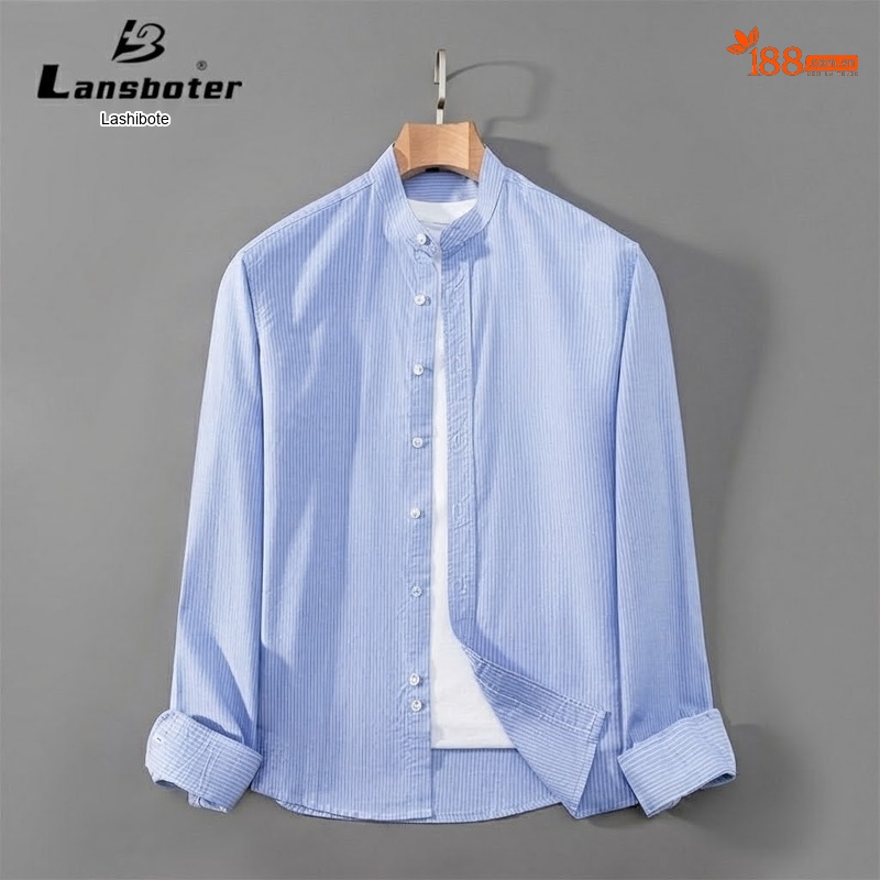 Áo Sơ Mi Nam Tay Dài Cotton Kẻ Sọc Cổ Trụ Form Slimfit Màu Xanh Dương, Trắng, Xám, Xanh...