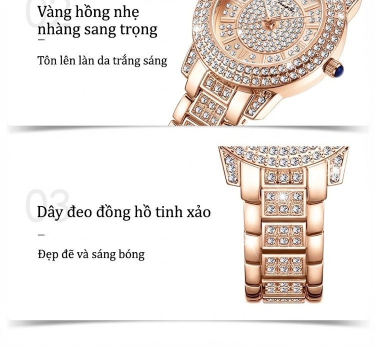 Đồng Hồ Nữ Longbo Dây Kim Loại Đính Đá Chống Nước Màu Vàng Hồng chi tiết 7