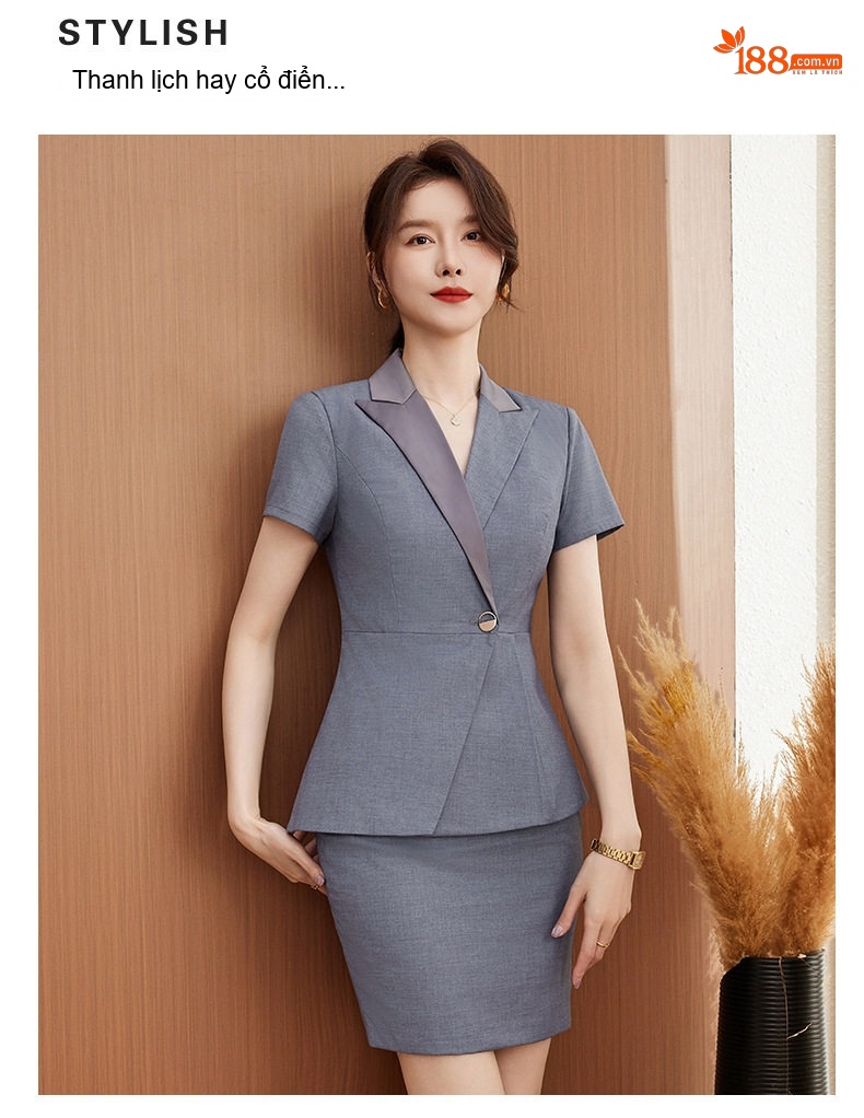 Bộ Vest Công Sở Nữ Tay Ngắn Quần/Chân Váy Màu Xanh Navy, Xám, Đen chi tiết 6