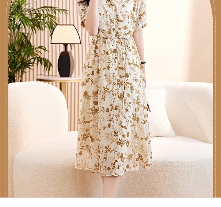 Váy Sơ Mi Nữ dáng chữ A Midi Tay Ngắn Họa Tiết Hoa Nhí Thắt Eo Thanh Lịch Màu Trắng, Vàng chi tiết 6