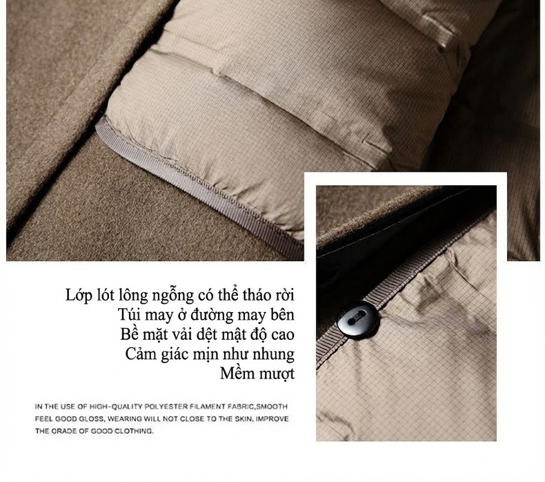 Áo Khoác Nam Dáng Dài Vải Lông Cừu Cổ chữ Vest Lót Lông Vũ Tháo Rời Phong Cách Doanh Nhân Màu Nâu, Xám, Đen chi tiết 9