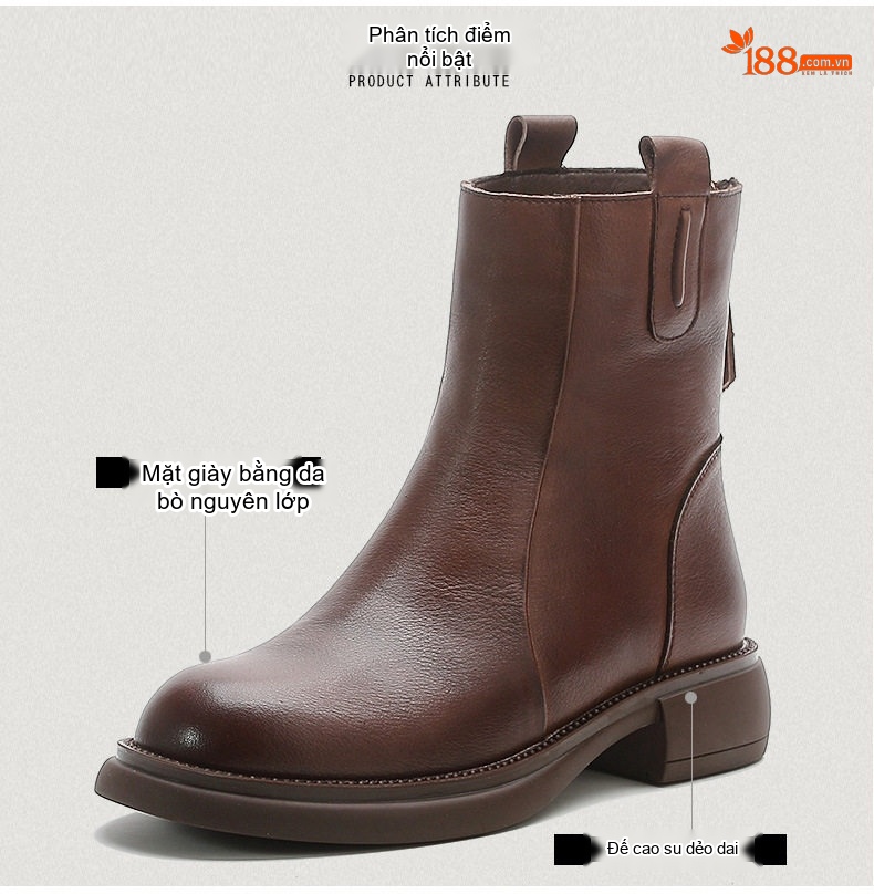 Boot Chelsea Nữ Da Bò Chiều Cao Đế Khoảng 3cm Màu Đen, Nâu chi tiết 3