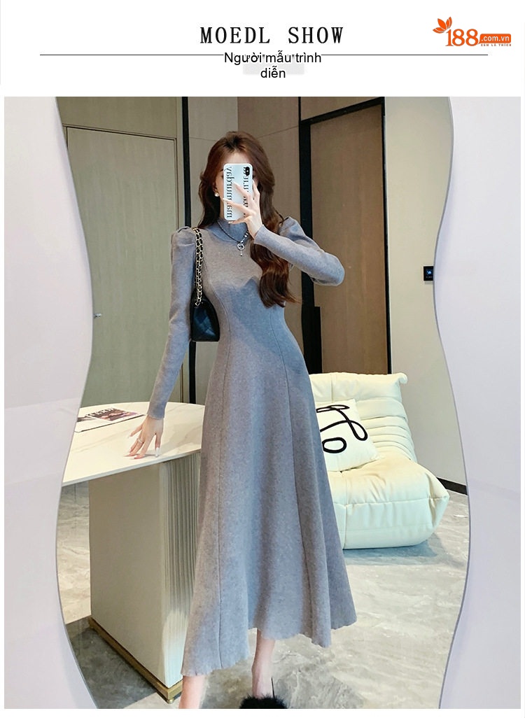 Váy Dệt Kim Tay Phồng dáng chữ A Qua Gối Phong Cách Tiểu Thư Màu Đen, Trắng, Xám chi tiết 5