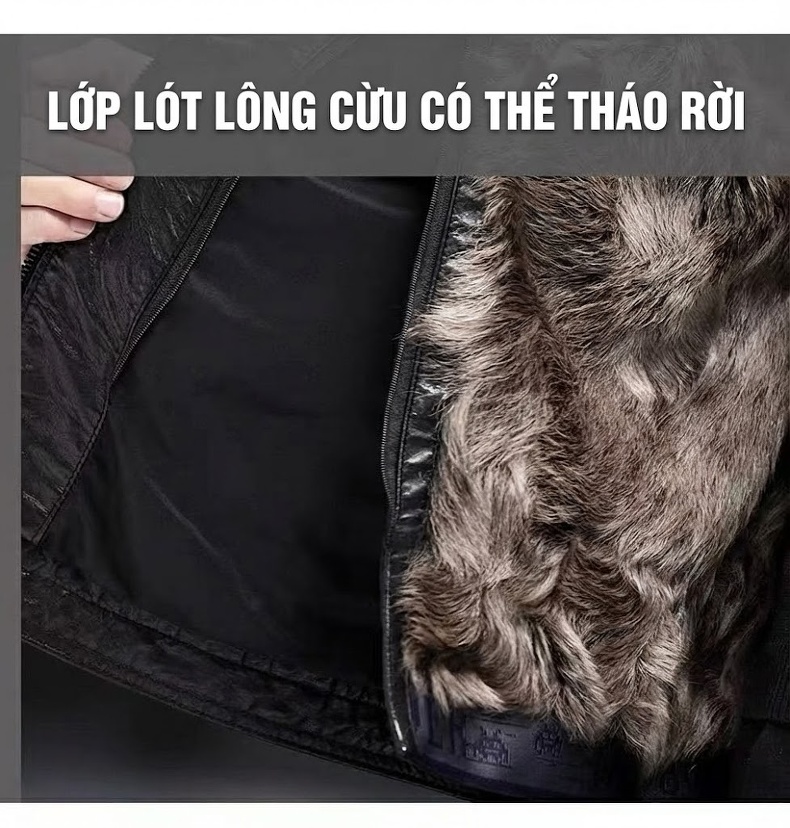Áo Khoác Da Nam Dáng Ôm Da Bò Sáp Dầu Lót Lông Cừu Cổ Lông Chồn Dày Dặn Màu Đen chi tiết 7