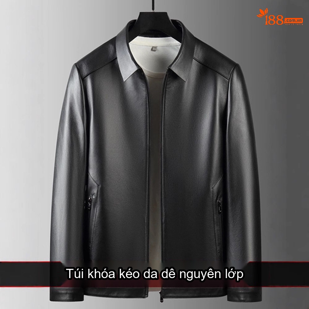 Áo Khoác Da Nam Da Cừu Trung Niên Cao Cấp Có Túi Khóa Kéo Màu Đen