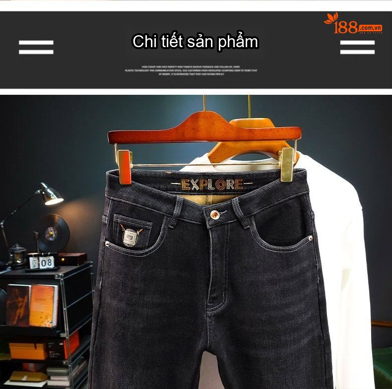 Quần Jean Nam Ống Đứng Co Giãn Thoải Mái Lót Lông Màu Đen, Xanh Đậm chi tiết 18