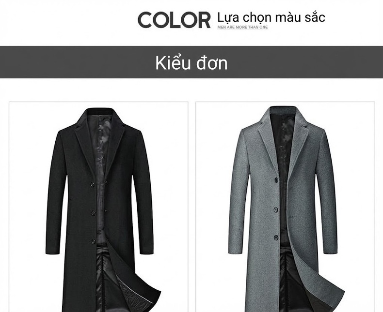 Áo Khoác Dạ Nam Dáng Dài Qua Gối Dày Dặn Màu Đen, Xám chi tiết 5