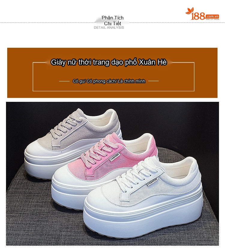 Giày Sneaker Nữ Vải Dệt Đế Dày Chiều Cao Đế Khoảng 8cm Màu Hồng, Trắng, Xám chi tiết 6