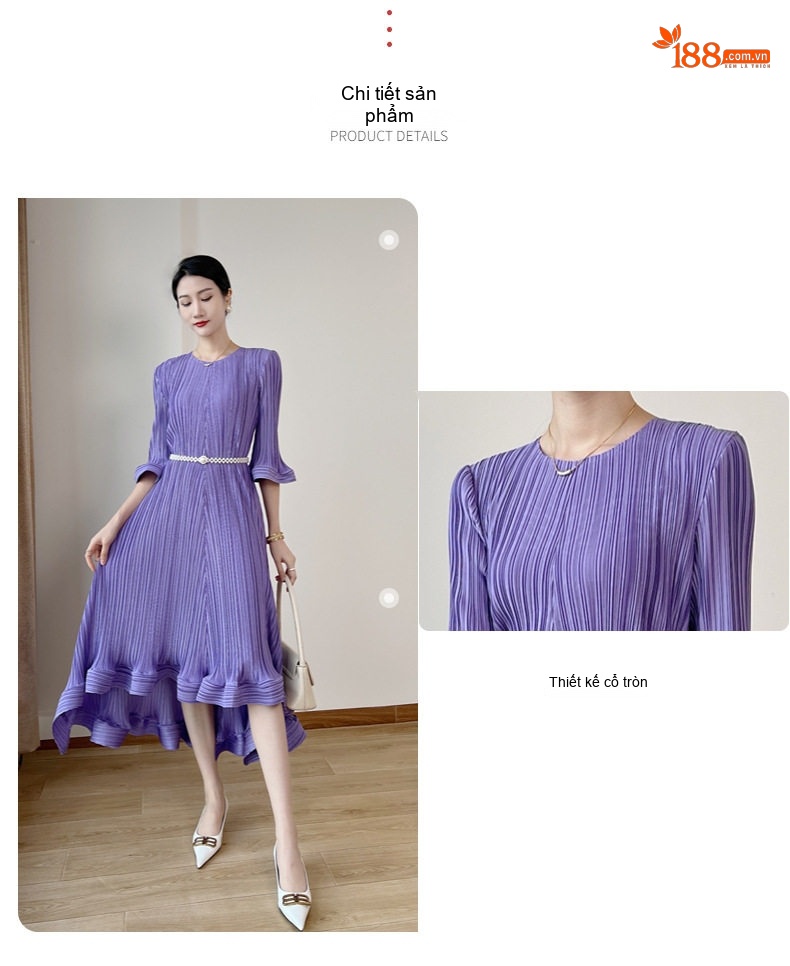 Váy Midi Nữ Thiết Kế Xếp Ly Eo Thun Phong Cách Pháp Màu Tím, Xanh, Đen chi tiết 4