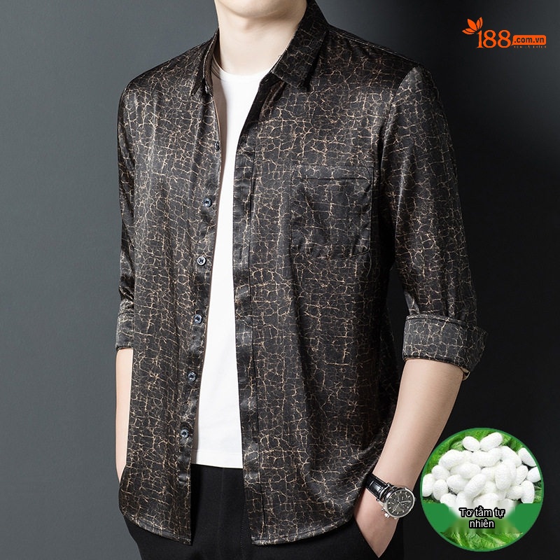 Áo Sơ Mi Dài Tay Nam Lụa Tơ Tằm Hương Vân Sa Họa Tiết Da Rắn Màu Đỏ Rượu Vang, Nâu Đất