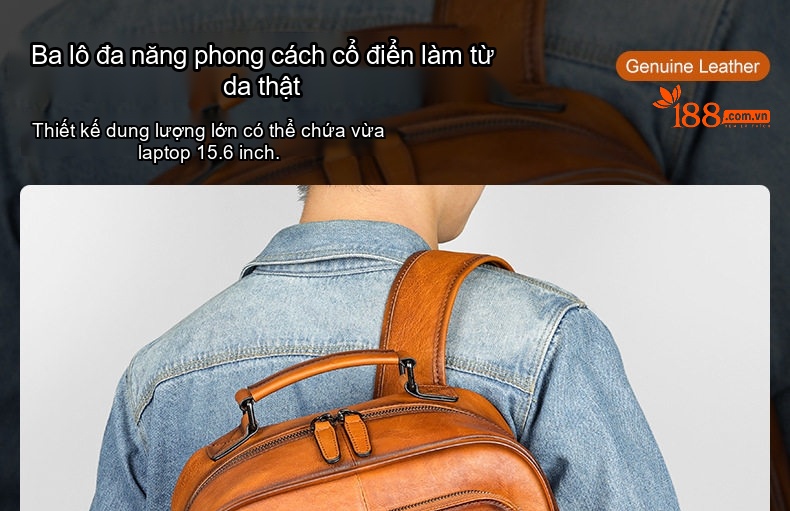 Balo Du Lịch Da Bò MASIWEI, Balo Laptop Da Thật Phong Cách Retro Màu Nâu chi tiết 18