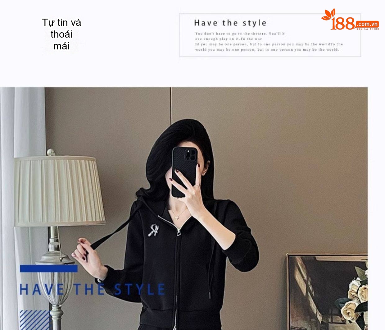 Bộ đồ thể thao nữ dáng rộng quần ống rộng có mũ trùm đầu chi tiết 8