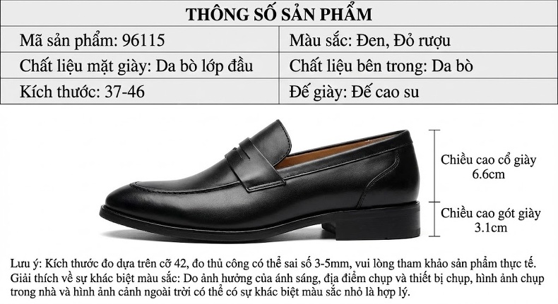 Giày Lười Nam Da Bò Mũi Tròn Chiều Cao Đế Khoảng 4cm Màu Đen, Nâu chi tiết 2