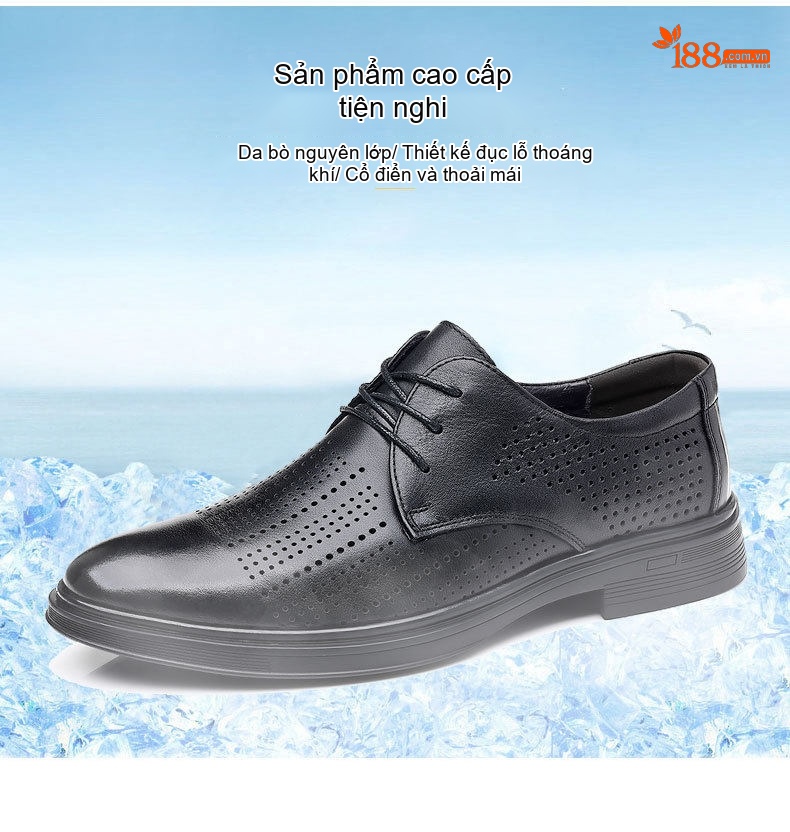 Giày Tây Buộc Dây Nam Da Bò Lỗ Thoáng Khí Chiều Cao Đế Khoảng 3cm Màu Đen chi tiết 3