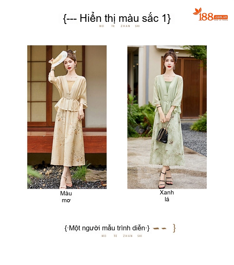 Set Áo Khoác Lửng Quần Áo Nữ In Hoa Phong Cách Trung Hoa Thanh Lịch Màu Be, Xanh chi tiết 10