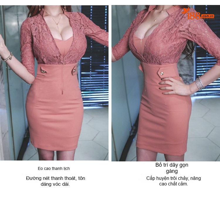 Váy Ôm Body Nữ Lưng Cao Phối Ren Quyến Rũ Màu Hồng chi tiết 19